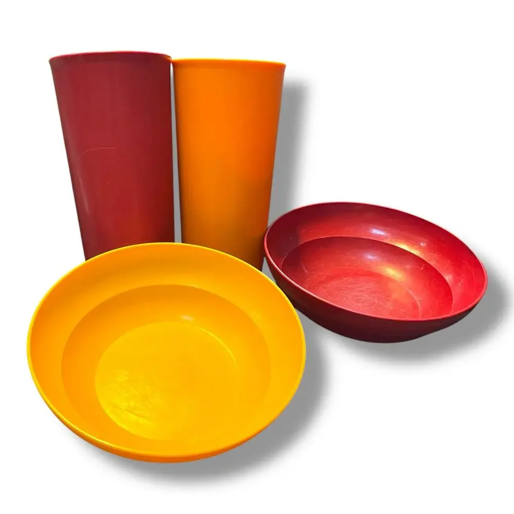 Tupperware Retro Amber Orange Bowls & Cups Set 1348 155 Kitchen Picnic Vintage